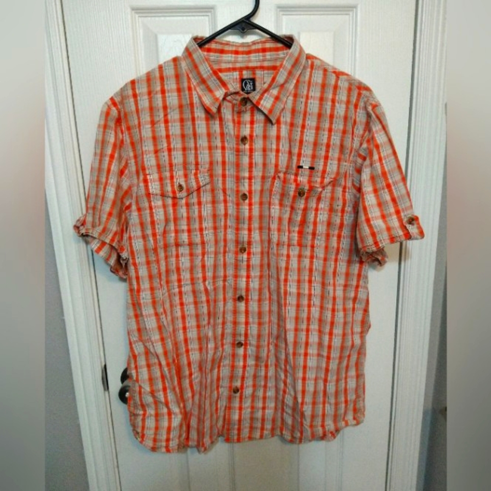 Cavi Men's 2X Large Plaid Button Down Short Sleeve Shirt Orange White Charcoal